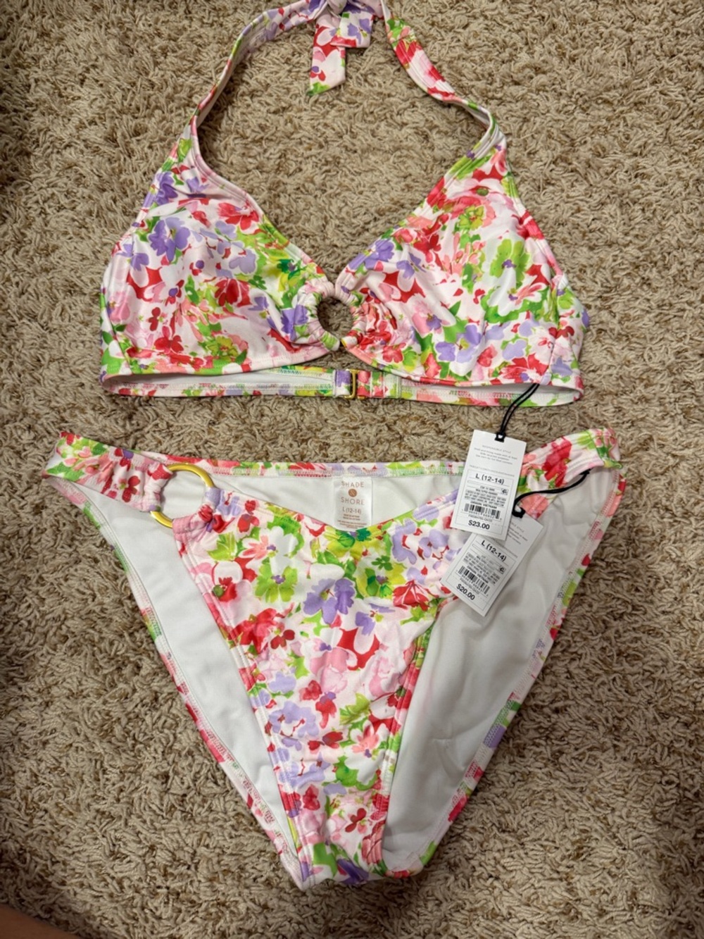 Shade & Shore Floral Halter Bikini in Pink, Green, Purple